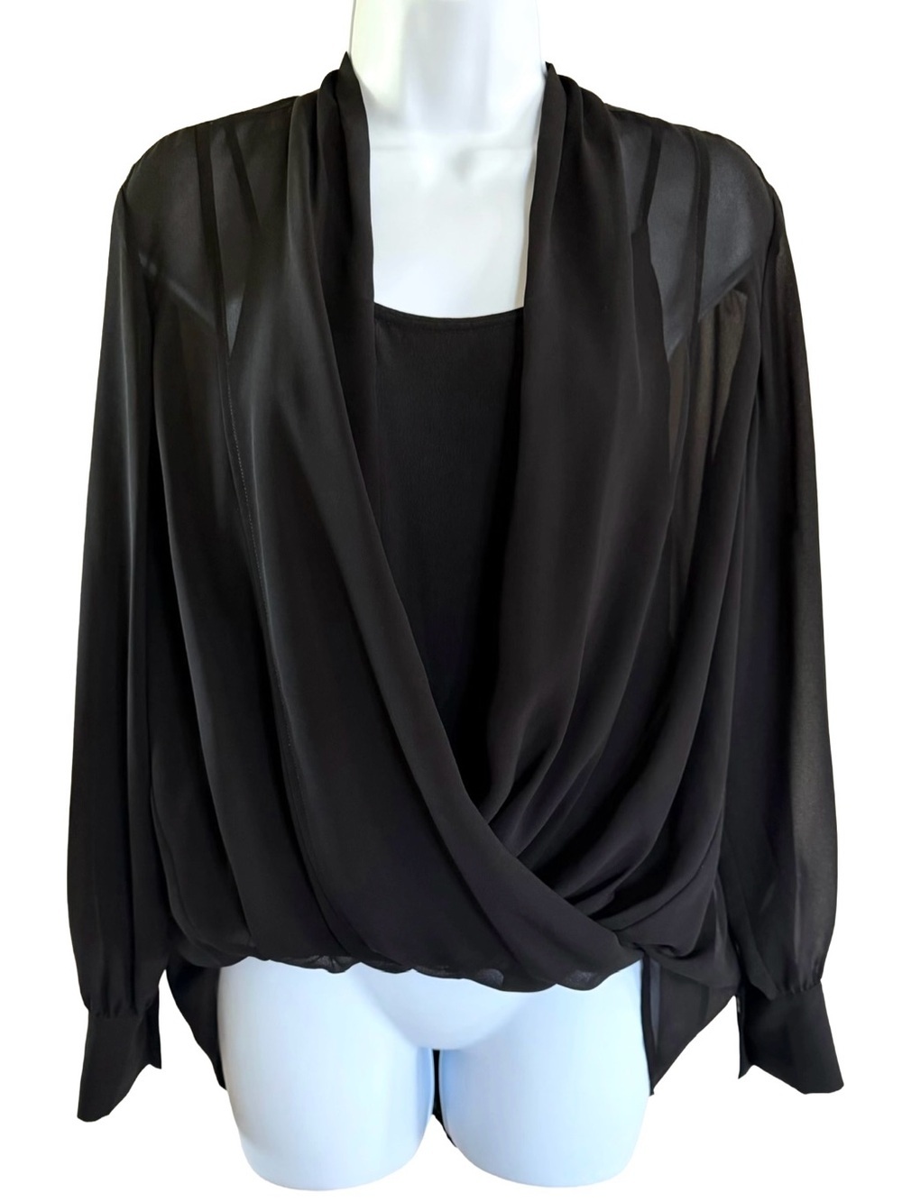 AllSaints Abi Sheer Surplice Wrap Blouse Black Draped Top M